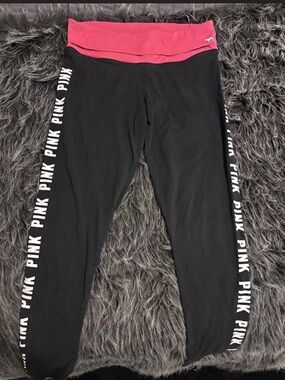 PINK Victoria's Secret Black & Red Fold-Over Waist Leggings